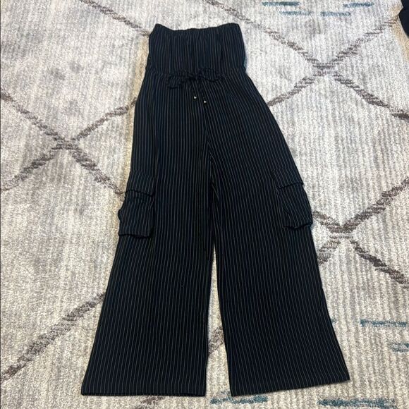 New Allie Rose Black and White Linen Striped Strapless Jumpsuit S - Picture 1 of 4